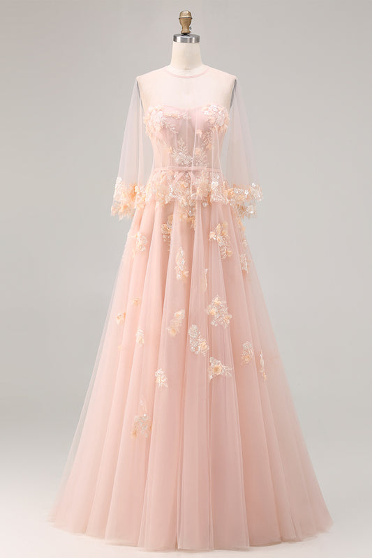 Blush Floral Tulle A Line Corset Long Prom Dress with Cape