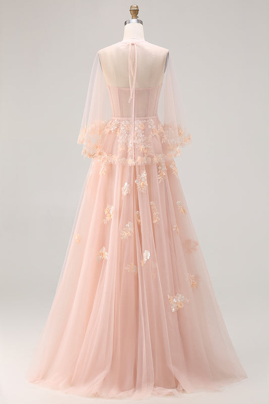 Blush Floral Tulle A Line Corset Long Prom Dress with Cape