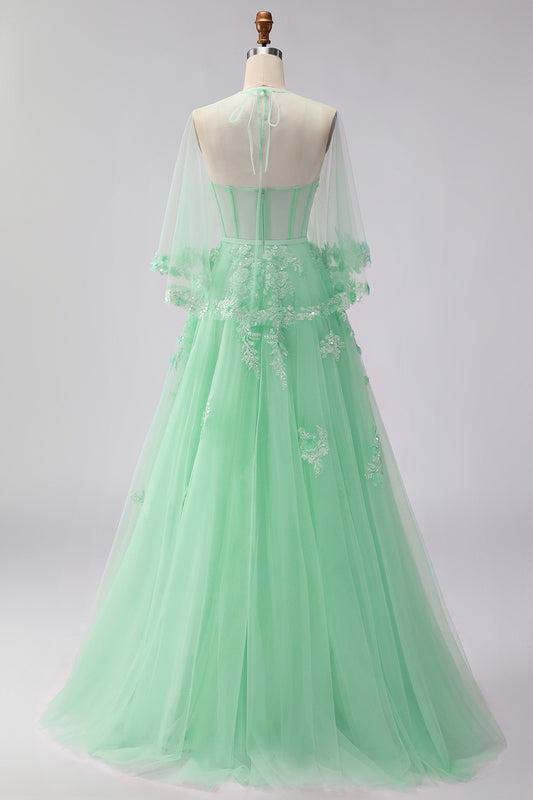 Green Floral A Line Tulle Long Corset Prom Dress with Cape