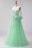Green Floral A Line Tulle Long Corset Prom Dress with Cape