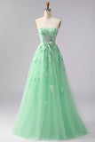 Green Floral A Line Tulle Long Corset Prom Dress with Cape