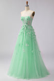 Green Floral A Line Tulle Long Corset Prom Dress with Cape