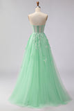 Green Floral A Line Tulle Long Corset Prom Dress with Cape