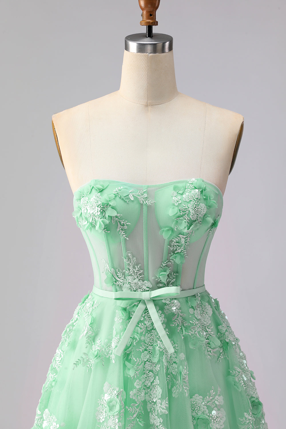 Green Floral A Line Tulle Long Corset Prom Dress with Cape
