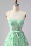 Green Floral A Line Tulle Long Corset Prom Dress with Cape