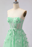 Green Floral A Line Tulle Long Corset Prom Dress with Cape