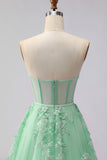 Green Floral A Line Tulle Long Corset Prom Dress with Cape