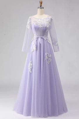 Sparkly Floral Lilac A Line Tulle Appliqued Long Corset Prom Dress with Sleeves