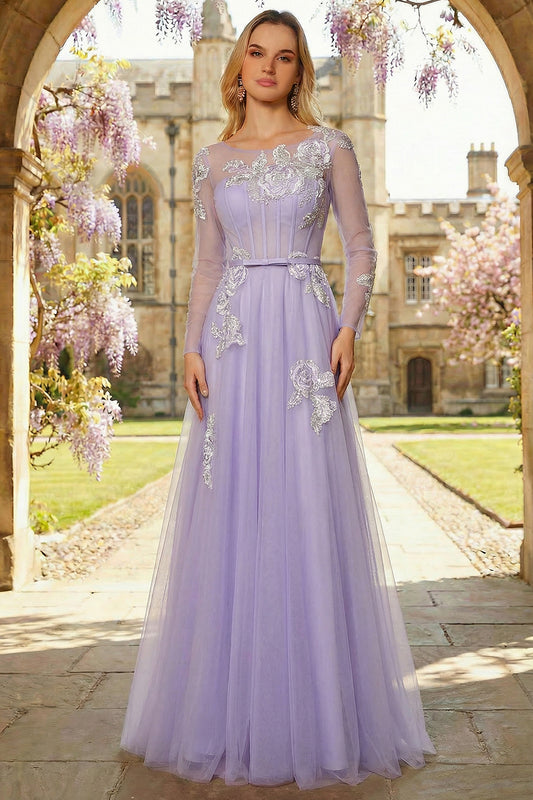 Sparkly Floral Lilac Appliqued Tulle Long Corset Prom Dress with Sleeves