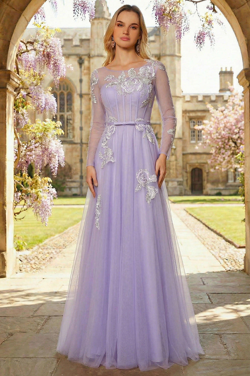 Sparkly Floral Yellow A Line Tulle Appliqued Long Corset Prom Dress with Sleeves
