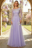 Sparkly Floral Yellow A Line Tulle Appliqued Long Corset Prom Dress with Sleeves
