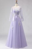 Sparkly Floral Lilac A Line Tulle Appliqued Long Corset Prom Dress with Sleeves