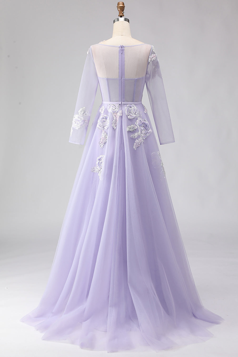 Sparkly Floral Lilac A Line Tulle Appliqued Long Corset Prom Dress with Sleeves