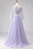Sparkly Floral Lilac A Line Tulle Appliqued Long Corset Prom Dress with Sleeves