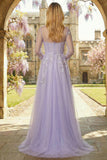 Sparkly Floral Yellow A Line Tulle Appliqued Long Corset Prom Dress with Sleeves