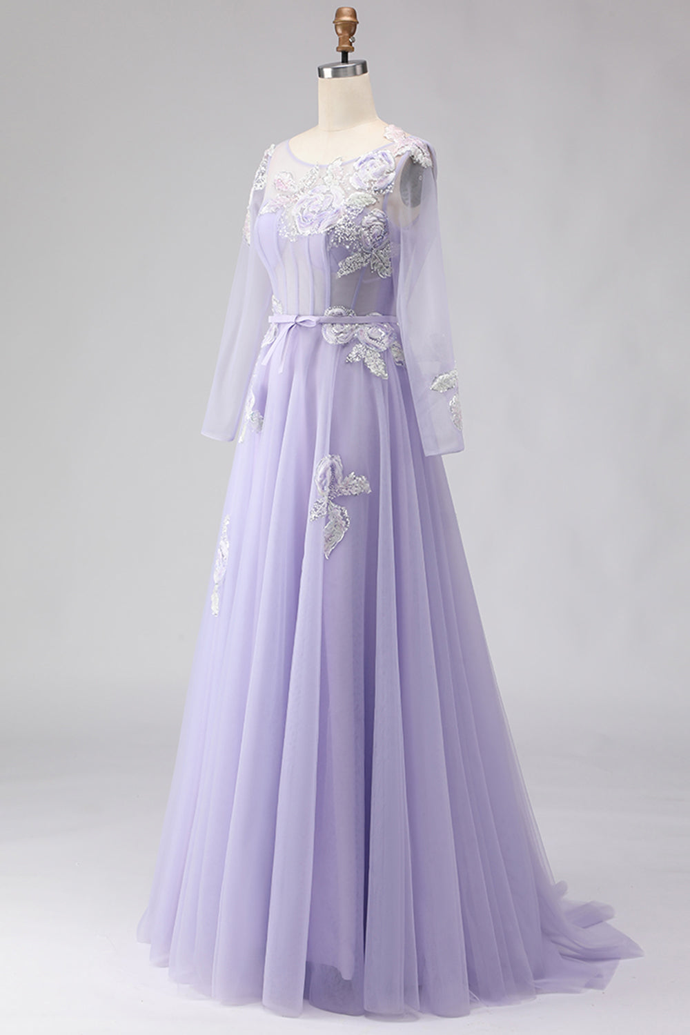 Sparkly Floral Lilac A Line Tulle Appliqued Long Corset Prom Dress with Sleeves