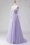 Sparkly Floral Lilac A Line Tulle Appliqued Long Corset Prom Dress with Sleeves