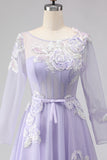 Sparkly Floral Lilac A Line Tulle Appliqued Long Corset Prom Dress with Sleeves