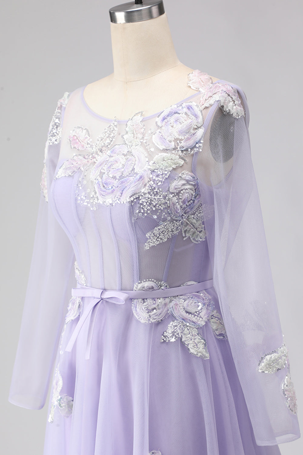 Sparkly Floral Lilac A Line Tulle Appliqued Long Corset Prom Dress with Sleeves