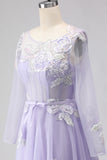 Sparkly Floral Lilac A Line Tulle Appliqued Long Corset Prom Dress with Sleeves