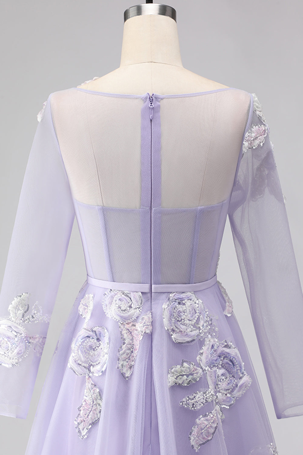 Sparkly Floral Lilac A Line Tulle Appliqued Long Corset Prom Dress with Sleeves