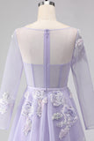 Sparkly Floral Lilac A Line Tulle Appliqued Long Corset Prom Dress with Sleeves