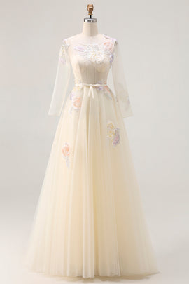 Sparkly Floral Yellow A Line Tulle Appliqued Long Corset Prom Dress with Sleeves