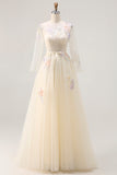 Sparkly Floral Lilac A Line Tulle Appliqued Long Corset Prom Dress with Sleeves