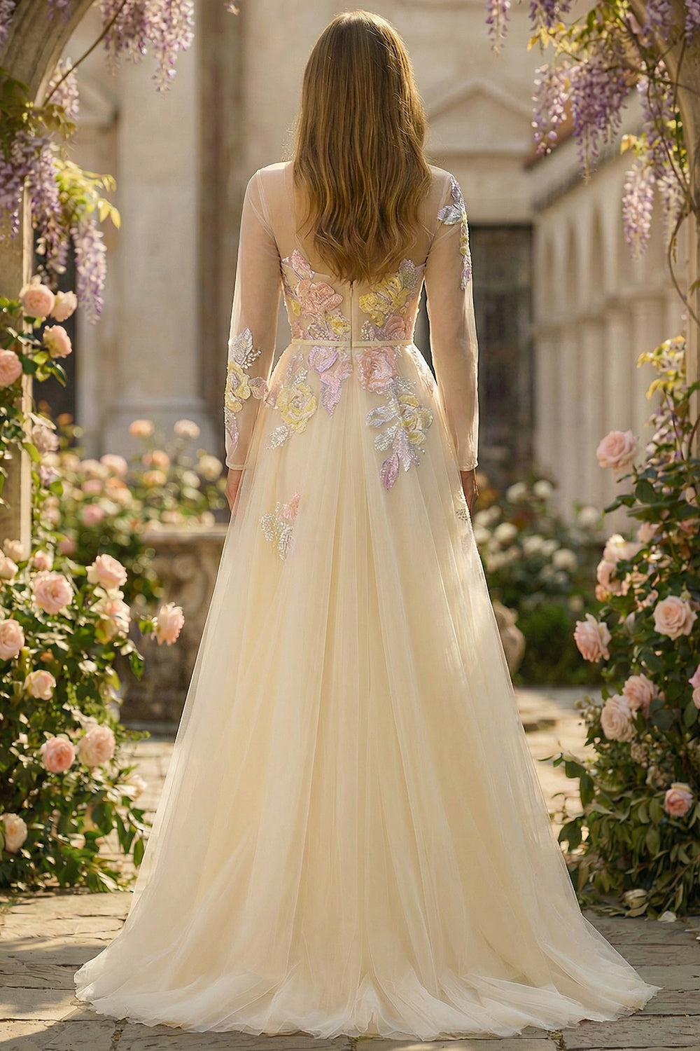 Sparkly Floral Yellow A Line Tulle Appliqued Long Corset Prom Dress with Sleeves
