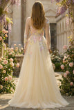Sparkly Floral Yellow A Line Tulle Appliqued Long Corset Prom Dress with Sleeves
