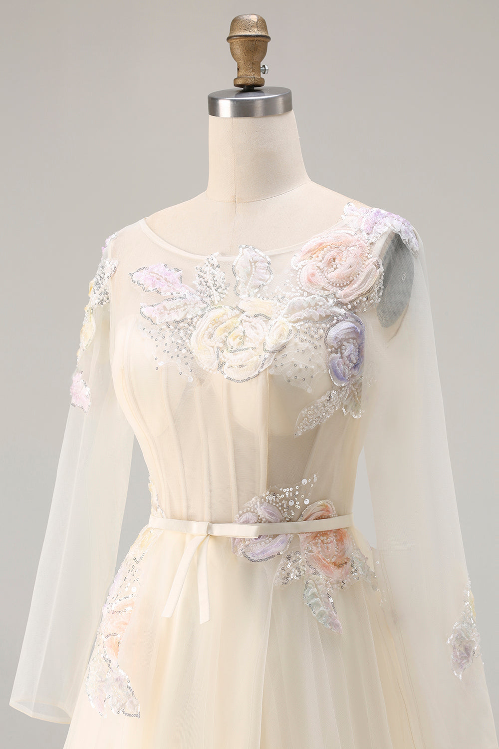 Sparkly Floral Lilac A Line Tulle Appliqued Long Corset Prom Dress with Sleeves