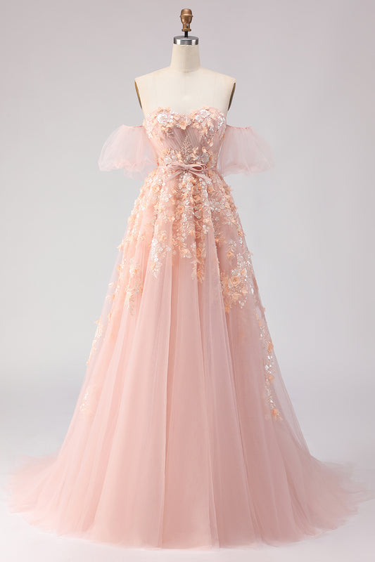 Floral Blush Off the Shoulder A Line Long Prom Dress with Bow