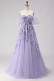 Floral Purple Off the Shoulder A Line Long Prom Dress with Bow