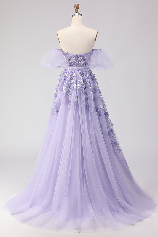 Floral Purple Off the Shoulder A Line Long Prom Dress with Bow