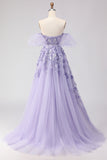 Floral Purple Off the Shoulder A Line Long Prom Dress with Bow