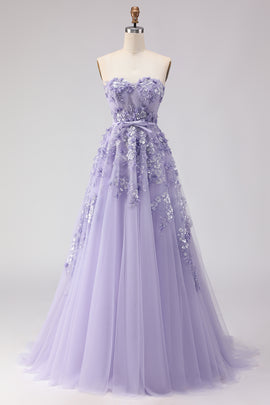 Floral Purple Off the Shoulder A Line Long Prom Dress with Bow