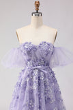 Floral Purple Off the Shoulder A Line Long Prom Dress with Bow