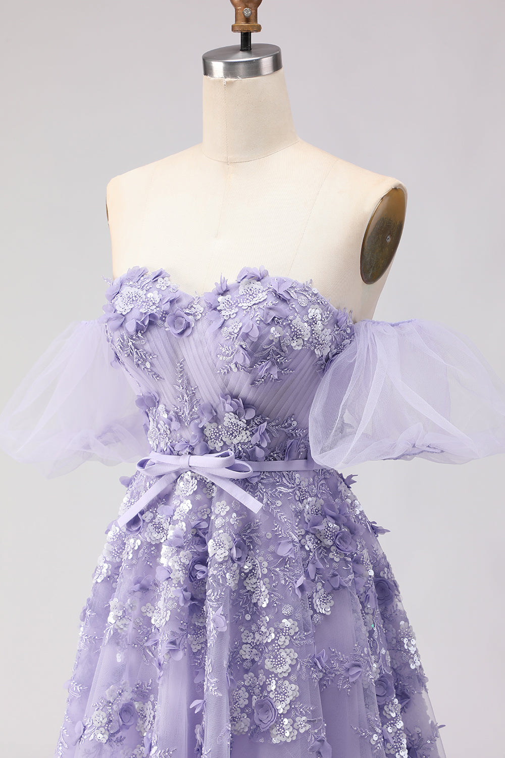 Floral Purple Off the Shoulder A Line Long Prom Dress with Bow