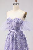 Floral Purple Off the Shoulder A Line Long Prom Dress with Bow