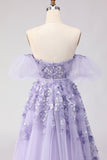Floral Purple Off the Shoulder A Line Long Prom Dress with Bow
