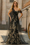 Floral Green One Shoulder Long Prom Dress with Side Cape
