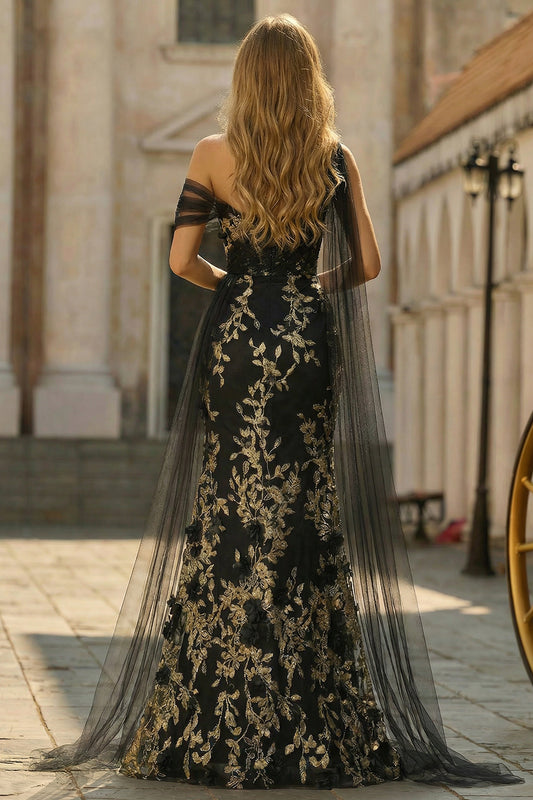 Black Golden Floral Sheath One Shoulder Long Prom Dress with Side Cape