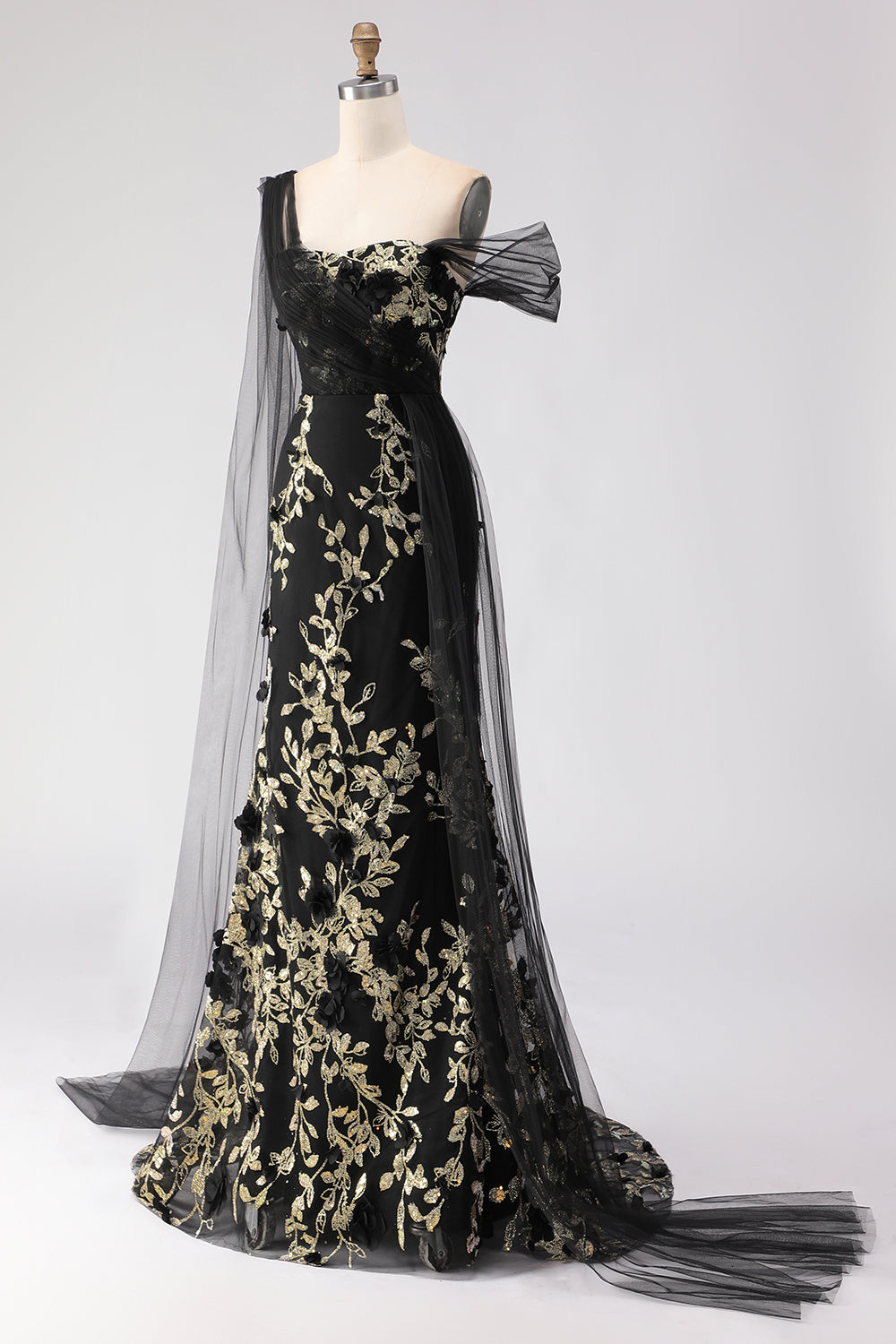 Floral Black Golden One Shoulder Sheath Long Prom Dress with Side Cape