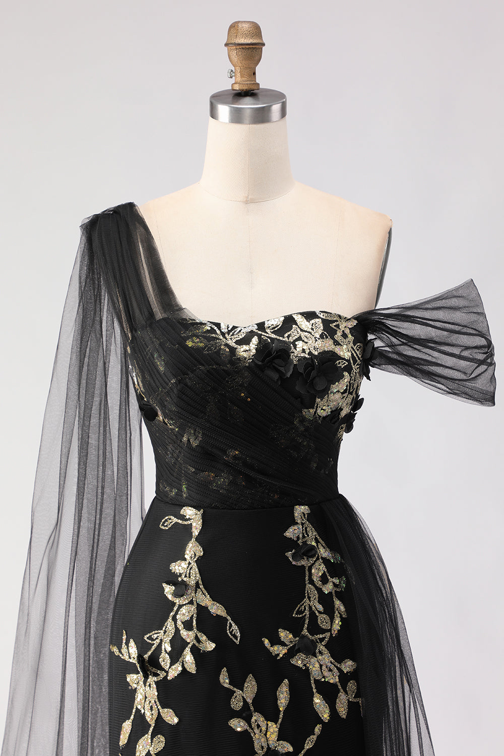 Floral Black Golden One Shoulder Sheath Long Prom Dress with Side Cape