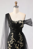 Floral Black Golden One Shoulder Sheath Long Prom Dress with Side Cape