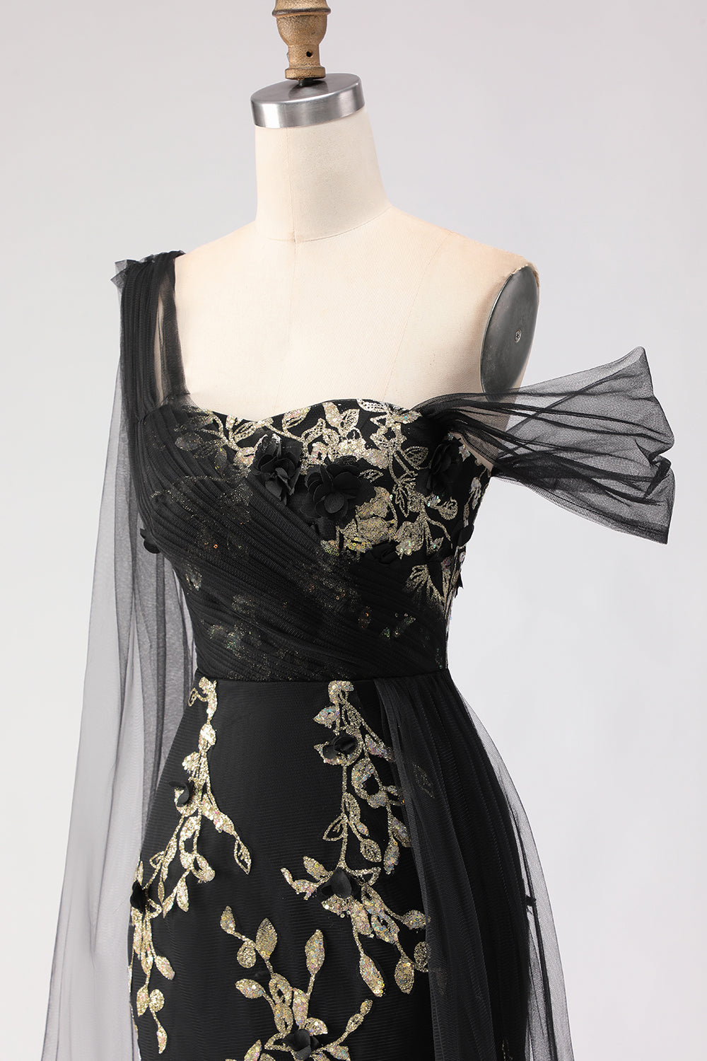 Floral Black Golden One Shoulder Sheath Long Prom Dress with Side Cape