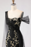 Floral Black Golden One Shoulder Sheath Long Prom Dress with Side Cape