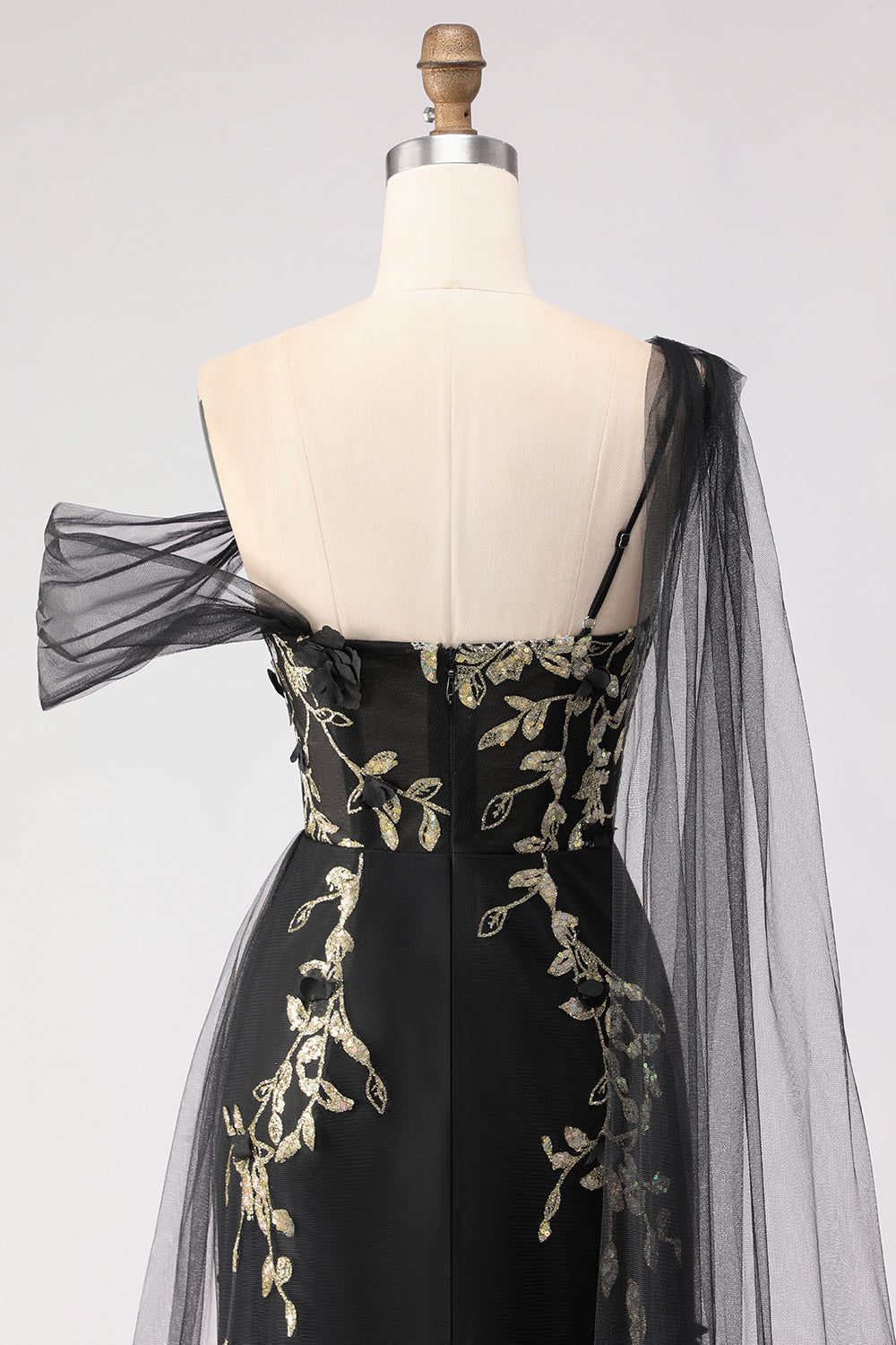 Floral Black Golden One Shoulder Sheath Long Prom Dress with Side Cape