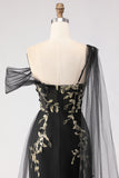 Floral Black Golden One Shoulder Sheath Long Prom Dress with Side Cape