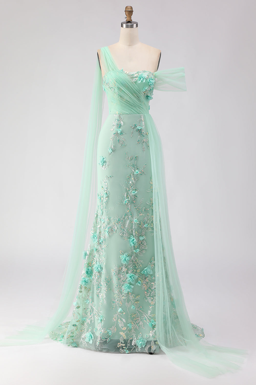 Floral Green One Shoulder Long Prom Dress with Side Cape